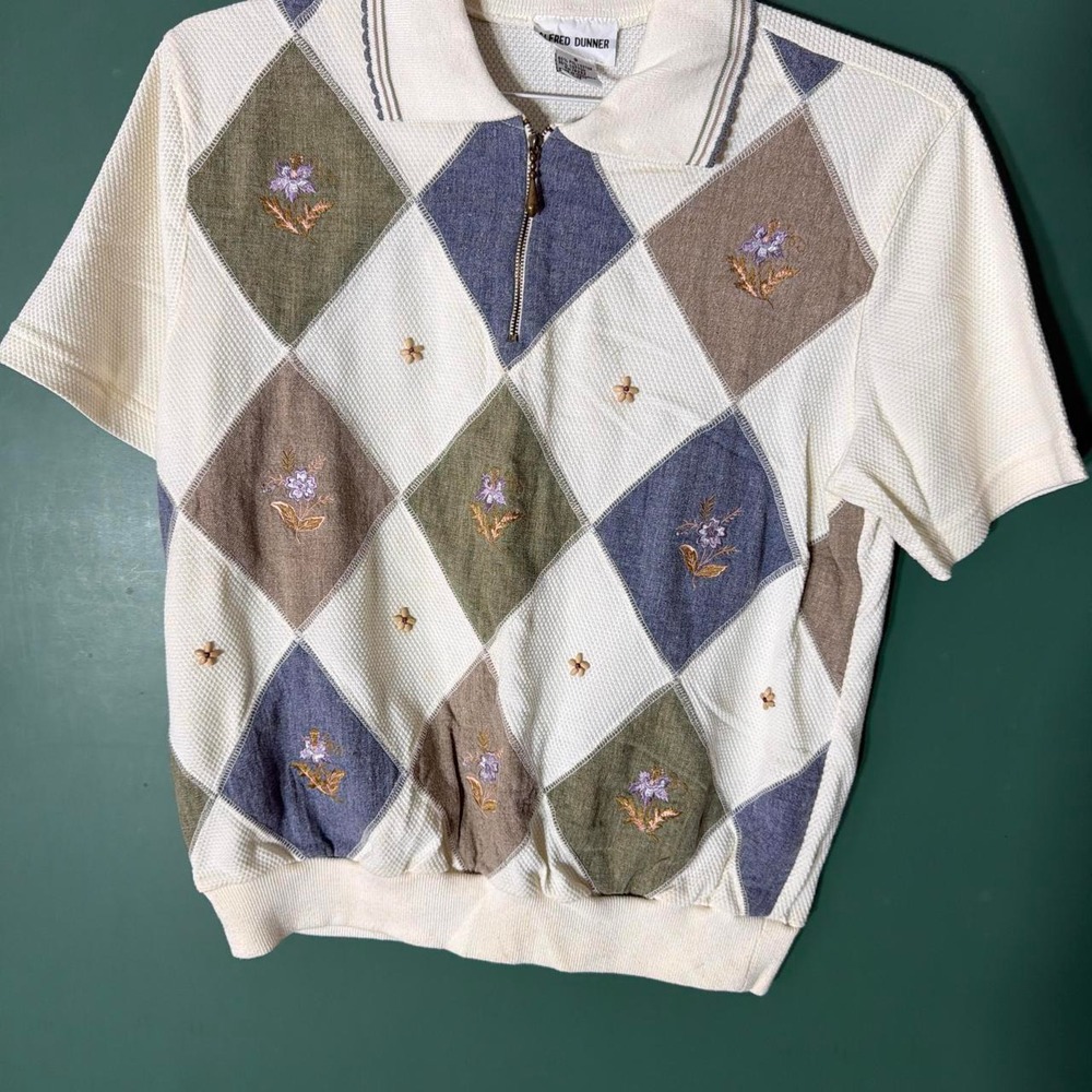 Alfred Dunner Vintage Argyle Polo Shirt Embroidered Flowers Stars Cream White S